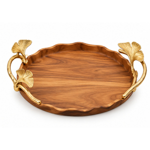 Plateau de service rond en bois de luxe avec poignées dorées, artisanal en bois de manguier, décoratif avec feuille de Ginkgo, plateau à bords ondulés - Product Image 1