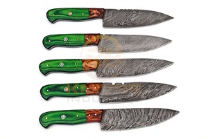 Handmade Damascus Chef <b>Knife</b> <b>Set</b> – Custom Kitchen <b>Knives</b> with Green Wood Handle – Razor <b>Sharp</b> Cooking <b>Knife</b> Collection - Product Image 3