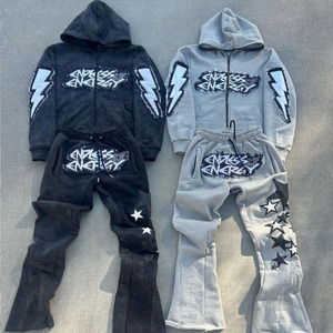 Wholesale Customized Winter Fleece Two Piece Outfit Full Zipper <b>Hoodie</b> and Flare Trouser Hip Hop Tracksuit 100% Cotton - Product Image 1