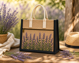 Bolsa de Yute Laminada con Estampado de Lavanda, Bolsillo con Cremallera, Ecológica, Reutilizable, Asa de Cuerda, Personalizable, Venta al Por Mayor - Product Image 4