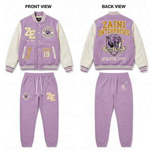 Men Varsity Tracksuit 420 GSM Cotton Fleece Lavender Body Off White Sleeve Panel Custom Chenille <b>Embroidery</b> Twill Patch Print - Product Image 1