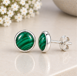 Malachite <b>Silver</b> <b>Stud</b> Earrings, Natural Malachite Gemstone Earrings, 925 <b>Sterling</b> <b>Silver</b> Round <b>Studs</b>, Green Stone Earrings - Product Image 4