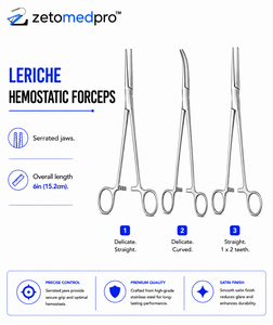 Pinzas Hemostáticas LERICHE con Mordazas Serradas de 6 pulgadas (15.2 cm), Delicadas, Rectas o Curvas, con 1x2 Dientes, ZETOMEDPRO - Product Image 4
