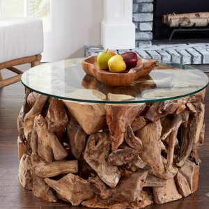 ARTERRA Luxury Handmade Durable & Easy to Clean Round Teak Wood <b>Root</b> <b>Table</b> Glass Top Cluster Rustic <b>Coffee</b> <b>Table</b> for Living Room - Product Image 6