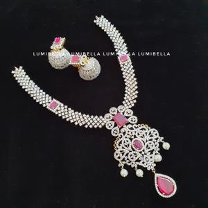 Fashion Jewelry Set White Polish CZ Long <b>Necklace</b> with <b>Ruby</b> Embellishment - Product Image 1