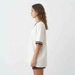 T-shirt ample blanc à col en V pour femme, manches courtes, en jersey de coton, imprimé logo, coupe décontractée, printemps-été - Product Image 3