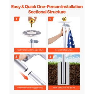 Kit de mât de drapeau sectionnel robuste de 25 pieds avec 136 LED solaires pour extérieur, en aluminium - Product Image 5