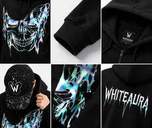 Conjunto de chándal con capucha negro para hombre Whiteaura con estampado de calavera iridiscente, sudadera y pantalones estilo streetwear con cremallera frontal completa - Product Image 6