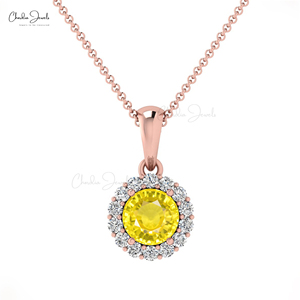 Collier de mariage en or massif 14 carats avec pendentif halo en saphir jaune naturel serti de diamants de 4 mm, fournisseur de bijoux fins en gros, Inde - Product Image 1