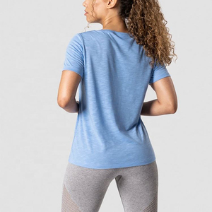 T-shirt à col rond gris foncé pour femme, manches courtes, coupe classique, tricot uni, respirant, haut décontracté pour toutes les saisons - Product Image 3