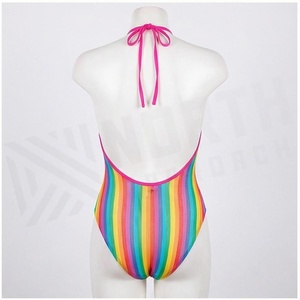 <b>Rainbow</b> Striped Halter One Piece Swimsuit Women Stretch Spandex Polyester Bathing Suit Contrast Binding Print - Product Image 2