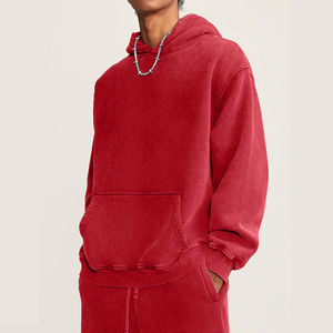 Men's Red Oversized Hooded <b>Sweatshirt</b> Solid Color Pocket Front Casual Knitted <b>Fleece</b> Loose Fit Spring Wear <b>Lined</b> Vintage - Product Image 2