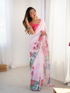 Sari de Seda Chinnon Premium, Sari de Diseño para Mujer, Ropa Étnica, Sari con Estampado Floral, Sari de Chinnon con Blusa sin Coser - Product Image 2