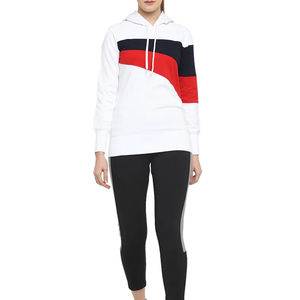 Sudadera con Capucha Blanca para Mujer con Bloques de Color Rojo y Azul Marino, Diseño Asimétrico, Manga Larga, para Otoño - Product Image 3