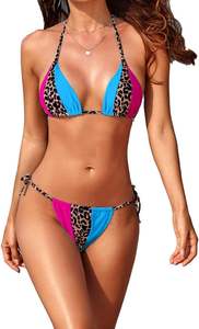 Conjunto de Bikini a Cuadros para Mujer, Cuello Halter, Dos Piezas, Ribete en Contraste, Lazos Laterales, Traje de Baño Elástico de Spandex/Poliéster Ecológico - Product Image 2