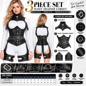 Wholesale Custom Gothic Black <b>Leather</b> 3 Piece Corset Harness Set <b>Women's</b> Neck Corset Underbust Waist Cincher Adjustable Thigh - Product Image 6