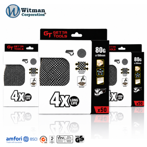 แผ่นขัดกระดาษทรายแบบตาข่ายเปิด GETTA TOOLS ขนาด 150 มม. 80G แบบติดตีนตุ๊กแก ป้องกันฝุ่น สำหรับเตรียมพื้นผิวผนังยิปซัม บรรจุ 50 แผ่น - Product Image 1