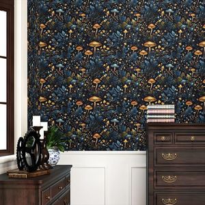 Papier peint autocollant effet forêt de champignons scintillants bleu/jaune, facile à appliquer, papier contact vintage pour décoration murale - Product Image 4