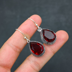 Customised <b>Red</b> Garnet LAB-CREATED 925 Sterling Silver <b>Earrings</b> 1.9" Handmade Gemstone Jewelry Antique Fine <b>Earring</b> Gift for Wome - Product Image 3