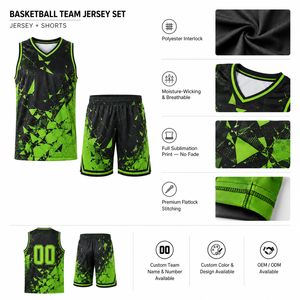 Ensemble de maillot de basket-ball unisexe noir et vert géométrique sublimé, col en V, sans manches, respirant, uniforme sportif printemps-automne - Product Image 2
