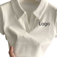 T-shirt côtelé décontracté respirant à col revers pour femme grande taille 2023, avec impression sérigraphique en relief personnalisée, haut court d'été