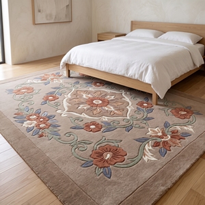Tapis tufté à la main motif floral médaillon, beige taupe, en laine, motif botanique vintage, vente en gros sur mesure - Product Image 5