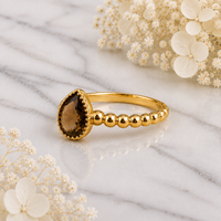 Bague Classique pour Femme en Argent Sterling 925 Massif Plaqué Or Jaune avec Quartz Fumé Serti en Bézel et Bande Perlée, Pierre Précieuse Poire 5x7 mm