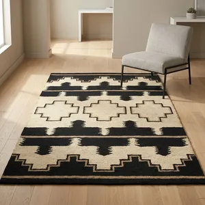 Tapis rectangulaire moderne géométrique en jute écologique, noir et beige, tufté à la main, à poils ras, avec envers antidérapant en latex - Product Image 3
