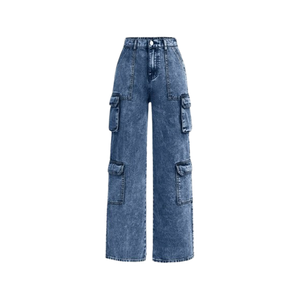 Pantalon cargo taille haute à jambes larges en denim de coton couleur unie coupe ample longueur intégrale style utilitaire pour femme collection printemps - Product Image 3