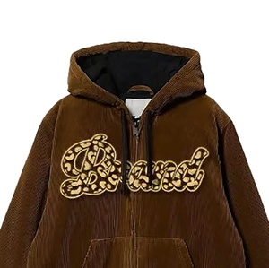 Custom Brown Corduroy <b>Zip</b> Up <b>Hoodie</b> Men Heavyweight Corduroy Sweatshirt With Side <b>Pockets</b> Front And Back Print <b>Hoodie</b> - Product Image 4