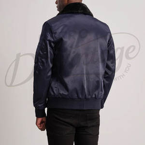 Blouson Bomber Homme Bleu Marine en Satin avec Col en Fausse Fourrure, Manteau d'Hiver Style Aviateur, Fermeture Éclair, Poches Utilitaires, Rembourré et Chaud - Product Image 2