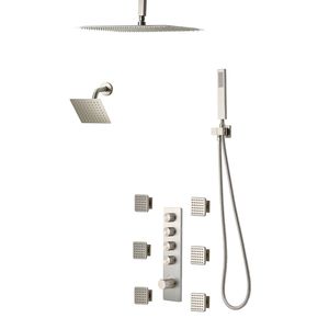 Système de douche thermostatique à effet pluie de 16 pouces à montage au plafond, avec pommeau mural de 6 pouces et 6 jets latéraux, accessoires de salle de bain - Product Image 1