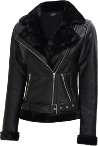 Veste moto en cuir véritable pour femme avec garniture en fourrure, fermeture éclair, manches longues, style hiver, couleur unie - Product Image 5