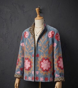 Premium <b>Light</b> Blue Velvet Embroidered Suzani Jacket Floral Pattern Full Sleeve Stand Collar Handmade Bohemian Style Winter <b>Coat</b> - Product Image 3
