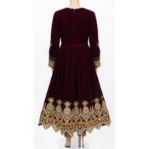 Vestido Kurta Tradicional de Terciopelo para Mujer, Corte Regular, Bordado en Dorado y Marrón, Largo Regular, para Fiestas y Bodas, Estilo Afgano de Invierno - Product Image 2