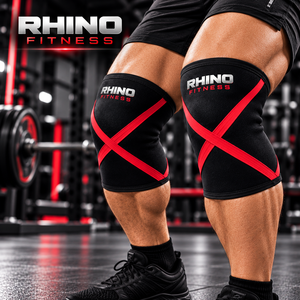Rhino Fitness Men's Durable Polyester Elastic <b>Knee</b> Sleeves Black with Red X <b>Straps</b> Gym <b>Support</b> - Product Image 6