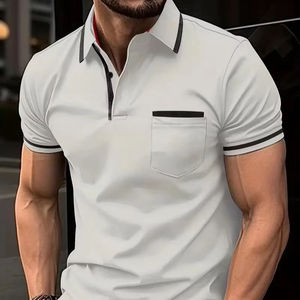Polo à manches courtes blanc pour homme avec poche, décontracté, tricoté, respirant, design uni - Product Image 1