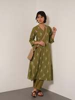 Chemise boutonnée verte imprimée à manches trois-quarts, col rabattu, coupe ample, décontractée, en tissu viscose et coton tissé