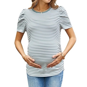 Camiseta de Maternidad a Rayas Personalizada, Tejida y Transpirable, Cuello Redondo, Manga Corta, para Verano, de Algodón, para Mujeres Embarazadas y Lactantes - Product Image 1