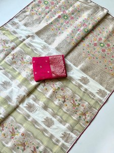 Sari Chinya Tisu Jari Wave Georgette Teint à la Main, Tissage Royal Bird Weave Pakshi Jari, Saree de Fête Meenakari Série Symphonie Héritage Wave, Séchage Rapide - Product Image 2