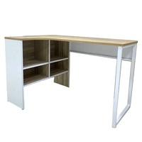 Bureau debout multifonctionnel moderne en forme de L avec armoire en panneau de particules et métal, finition grain de bois blanc, pour bureau à domicile et ordinateur