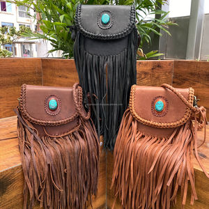Nouveau haute qualité 2025 tendance Turquoise pierre en cuir véritable frange sac à bandoulière Western bohème peau de vache sacs à main pour femmes - Product Image 4