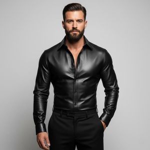 Men's <b>Black</b> Leather Look <b>Dress</b> Shirt Turn Down Collar Full Sleeve Solid Color Formal Style - Product Image 3