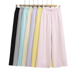 Pantalones anchos de punto para mujer, de color liso, con cintura elástica, ajuste holgado, informales, de longitud completa, transpirables para verano - Product Image 1