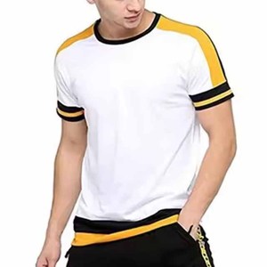 เสื้อยืดแขนสั้นสีขาวสำหรับผู้ชาย คอโอ คอตตอนถัก ทรงพอดีตัว สีเหลืองและสีดำตัดกัน สไตล์ลำลอง - Product Image 1