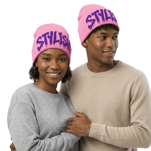 Gorro Rosa Cosh International con Elegante Estampado de Flores Moradas, Gorro de Invierno Unisex Estilo Urbano, Gorro de Punto Informal para Adultos - Product Image 3