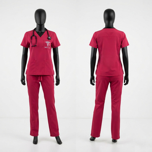 Uniforme Médico Unisex de Primera Calidad, Tela Elástica de Algodón y Poliéster, 180 GSM, Color Borgoña, Cuello en V, Pantalones, Logotipo Bordado Personalizado, Hospital - Product Image 1
