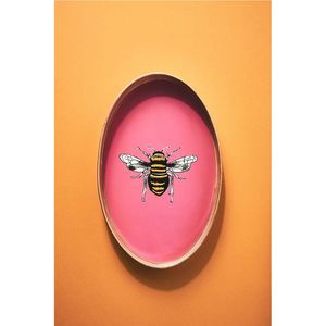 Handmade Oval Metal Serving <b>Tray</b> | <b>Decorative</b> Enamel Honey Bee Pink Serving Platter | Modern Gold Rim Coffee Table <b>Tray</b> <b>for</b> Home - Product Image 1