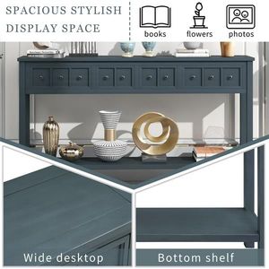 Rustic 60\" Entryway Console Table with Two Different Size Drawers and Bottom Shelf Navy Color for Storage - Product Image 6