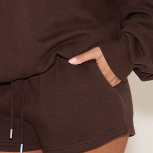 Women's <b>Brown</b> Oversized Hoodie Shorts Set Cotton Fleece Two Piece Casual Lounge Wear Solid Color Autumn Style - Product Image 5